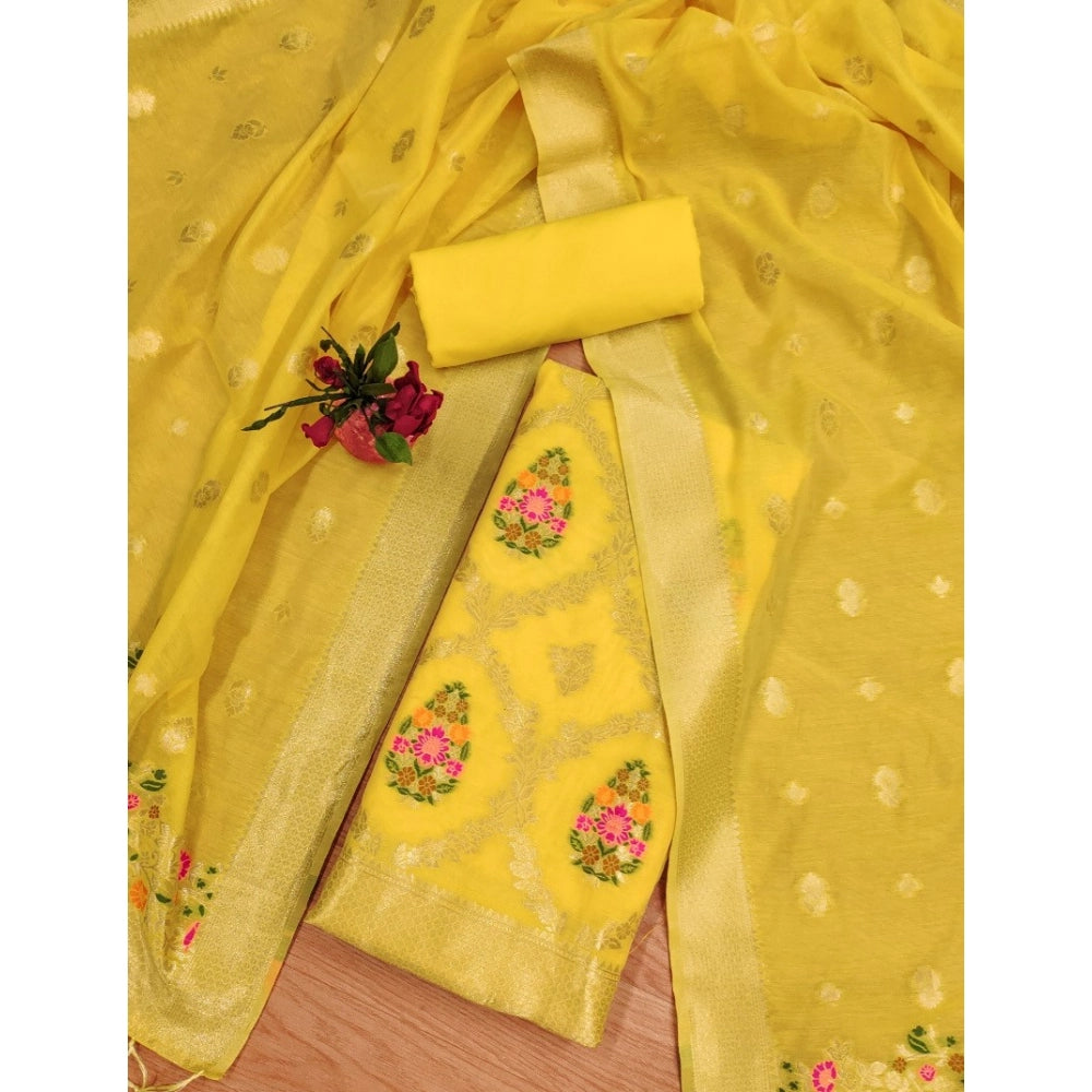 Generic Women's Banarasi Silk Printed Unstitched Salwar Suit Material With Dupatta (Yellow, 3Mtrs)