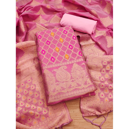 Generic Women's Banarasi Silk Printed Unstitched Salwar Suit Material With Dupatta (Pink, 3Mtrs)