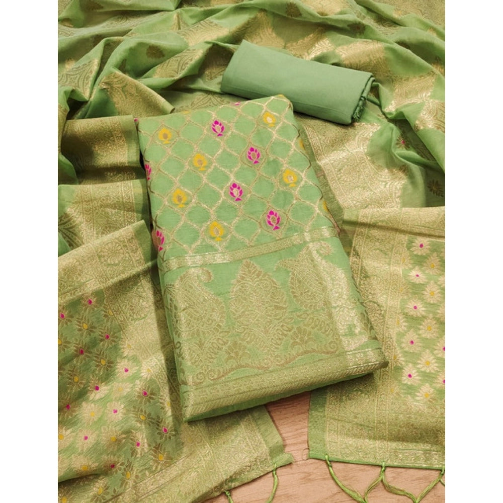 Generic Women's Banarasi Silk Printed Unstitched Salwar Suit Material With Dupatta (Pista, 3Mtrs)