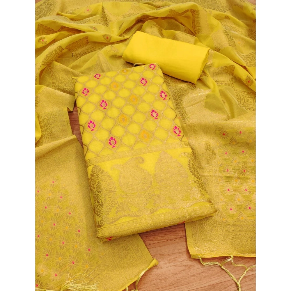 Generic Women's Banarasi Silk Printed Unstitched Salwar Suit Material With Dupatta (Yellow, 3Mtrs)