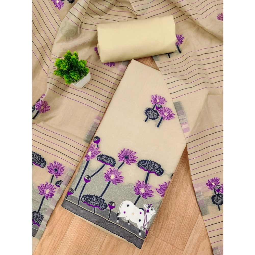 Generic Women's Banarasi Silk Printed Unstitched Salwar Suit Material With Dupatta – Cream, 3 Meters