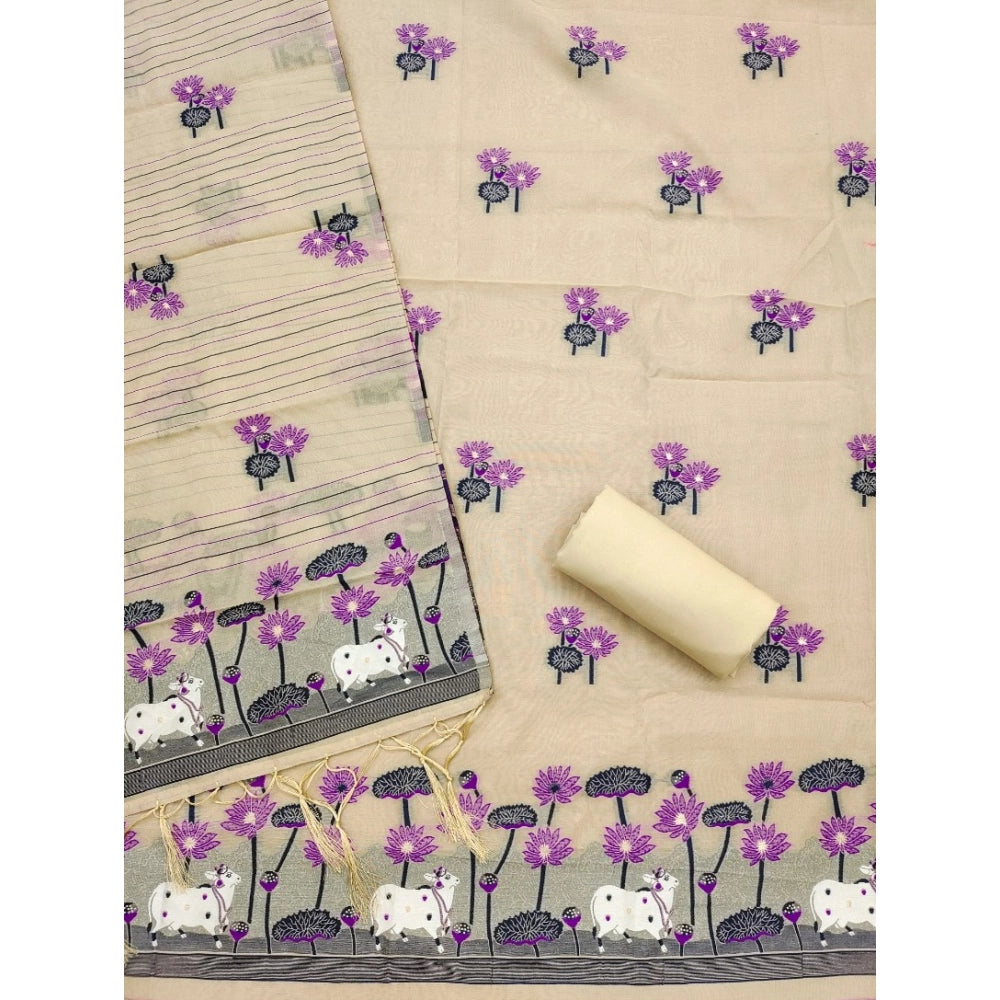 Generic Women's Banarasi Silk Printed Unstitched Salwar Suit Material With Dupatta – Cream, 3 Meters