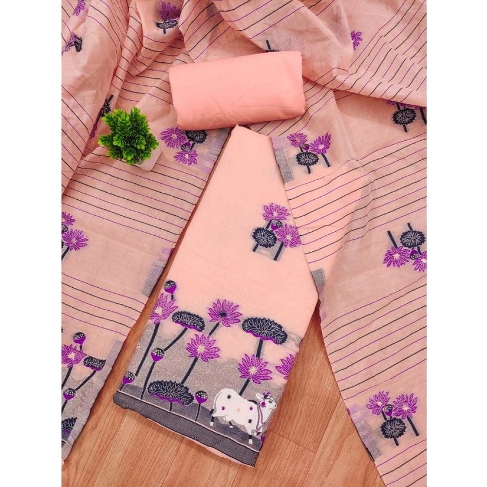 Generic Women's Banarasi Silk Printed Unstitched Salwar Suit Material with Dupatta – Peach, 3 Meters
