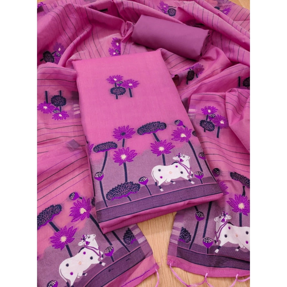 Generic Women's Banarasi Silk Printed Unstitched Salwar Suit Material with Dupatta – Pink, 3 Meters