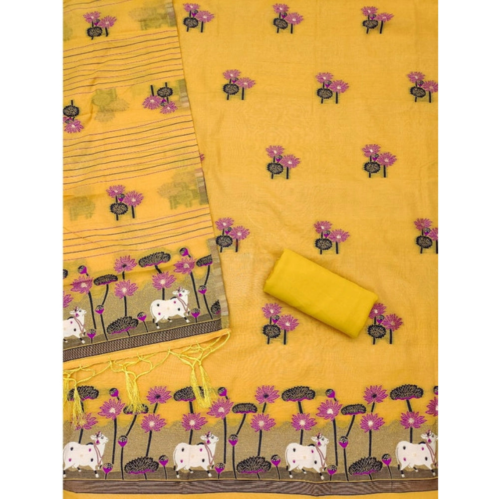Generic Women's Banarasi Silk Printed Unstitched Salwar Suit Material with Dupatta – Yellow, 3 Meters