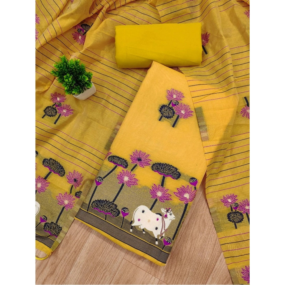 Generic Women's Banarasi Silk Printed Unstitched Salwar Suit Material with Dupatta – Yellow, 3 Meters