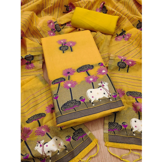 Generic Women's Banarasi Silk Printed Unstitched Salwar Suit Material with Dupatta – Yellow, 3 Meters