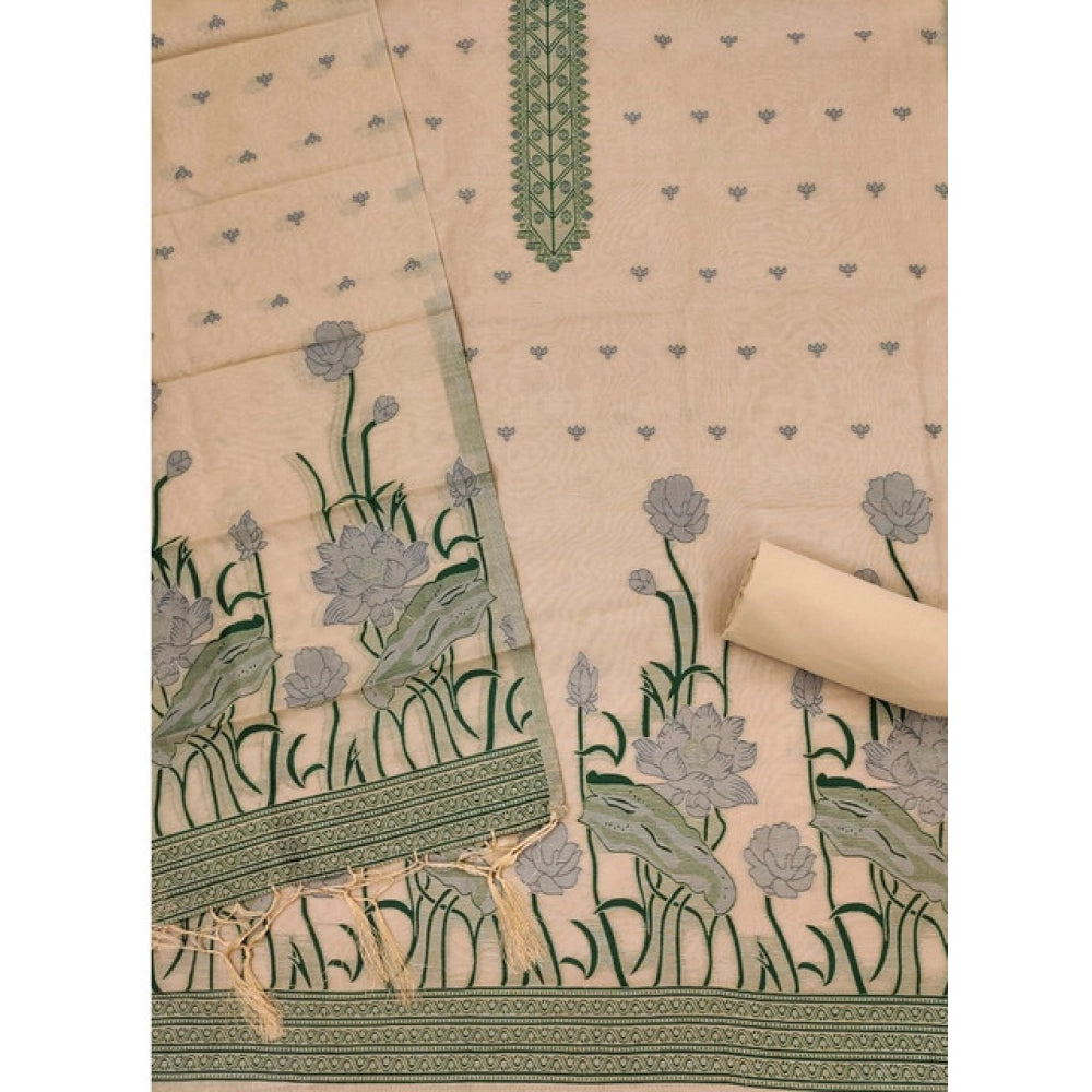 Generic Women's Banarasi Silk Printed Unstitched Salwar Suit Material with Dupatta – Cream, 3 Meters