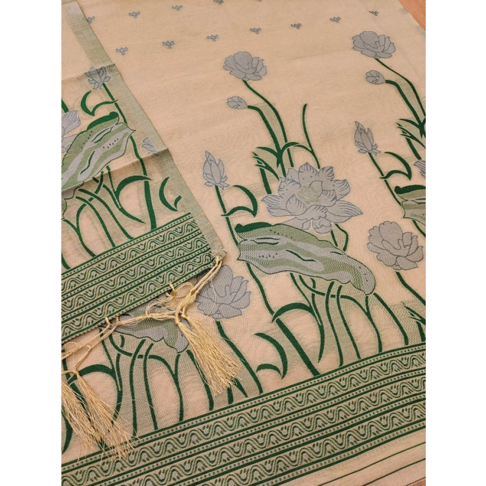 Generic Women's Banarasi Silk Printed Unstitched Salwar Suit Material with Dupatta – Cream, 3 Meters