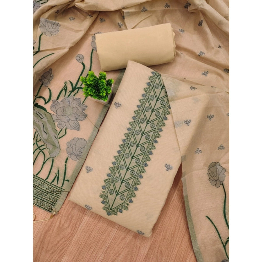 Generic Women's Banarasi Silk Printed Unstitched Salwar Suit Material with Dupatta – Cream, 3 Meters