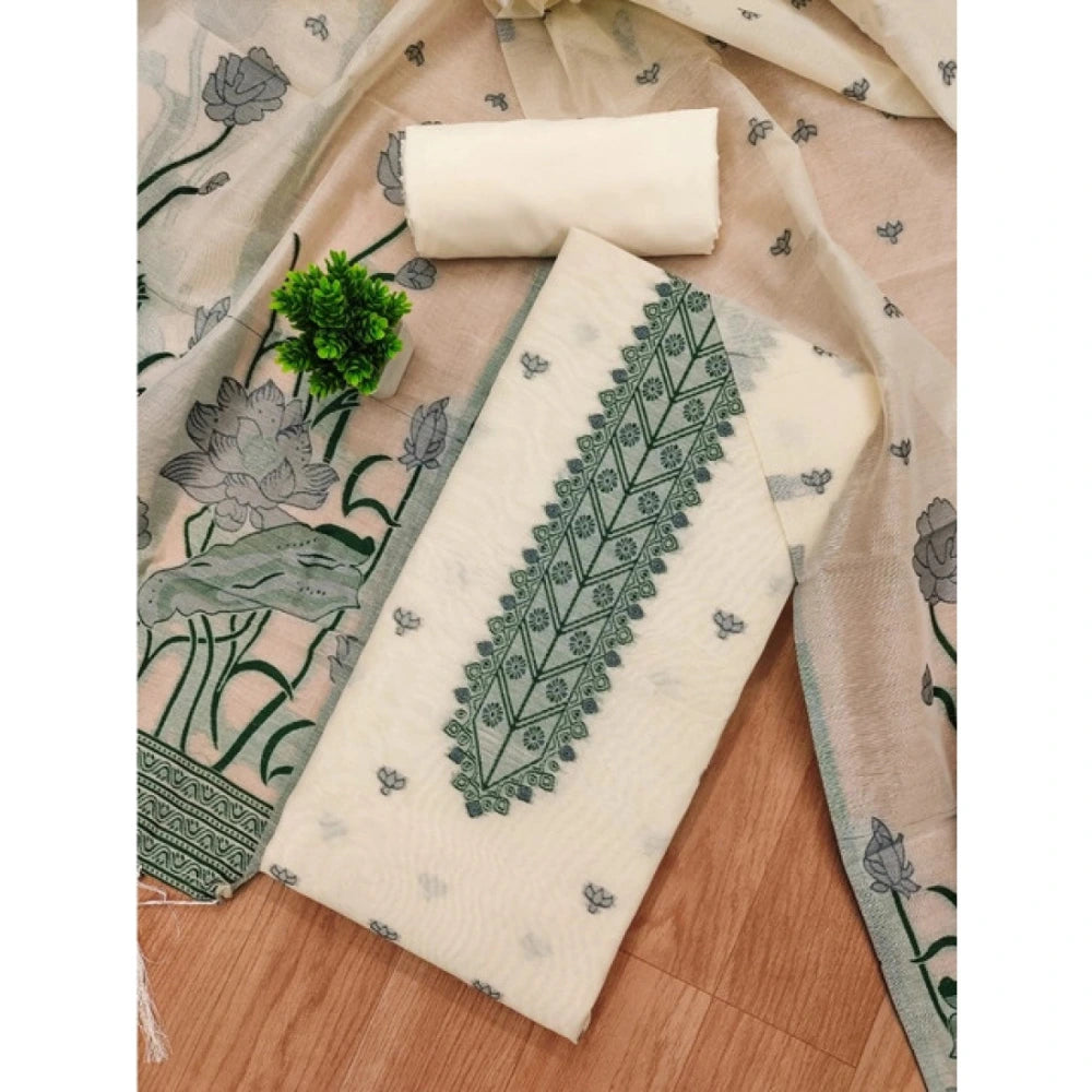 Generic Women's Banarasi Silk Printed Unstitched Salwar Suit Material with Dupatta – Off White, 3 Meters