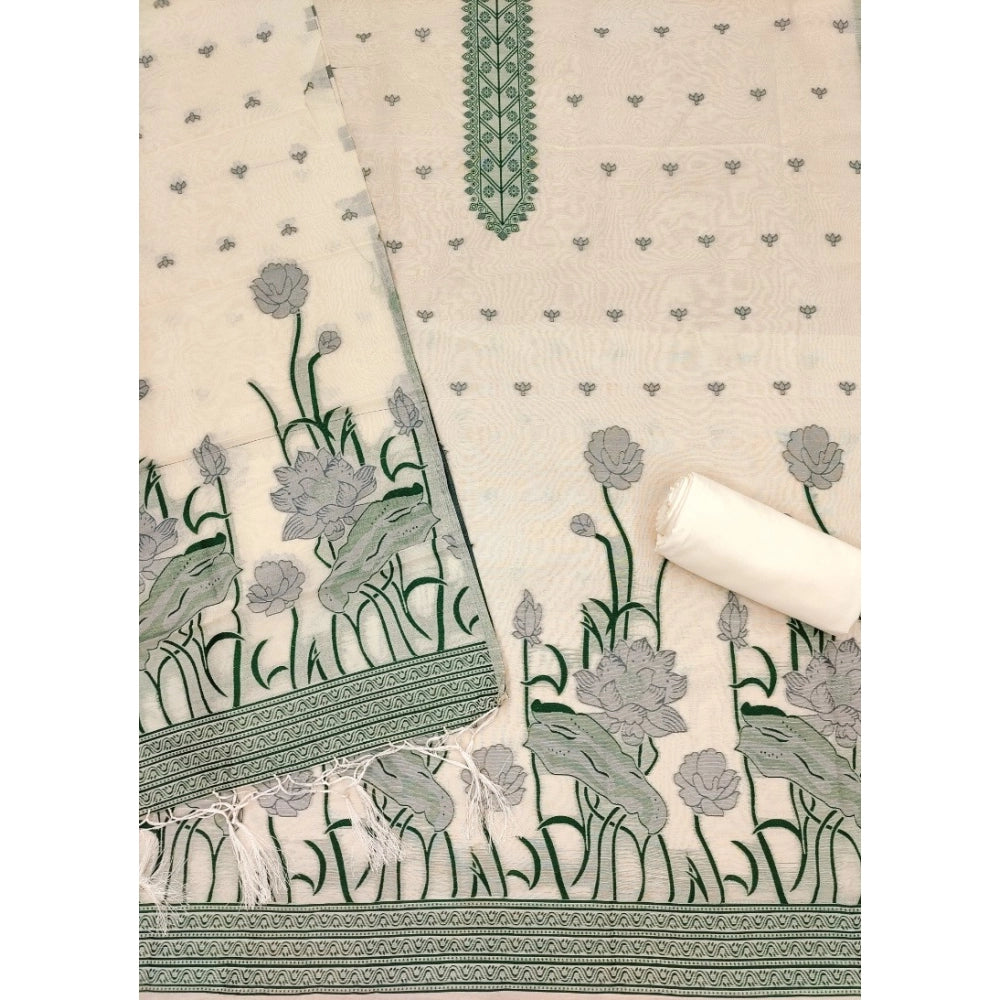 Generic Women's Banarasi Silk Printed Unstitched Salwar Suit Material with Dupatta – Off White, 3 Meters