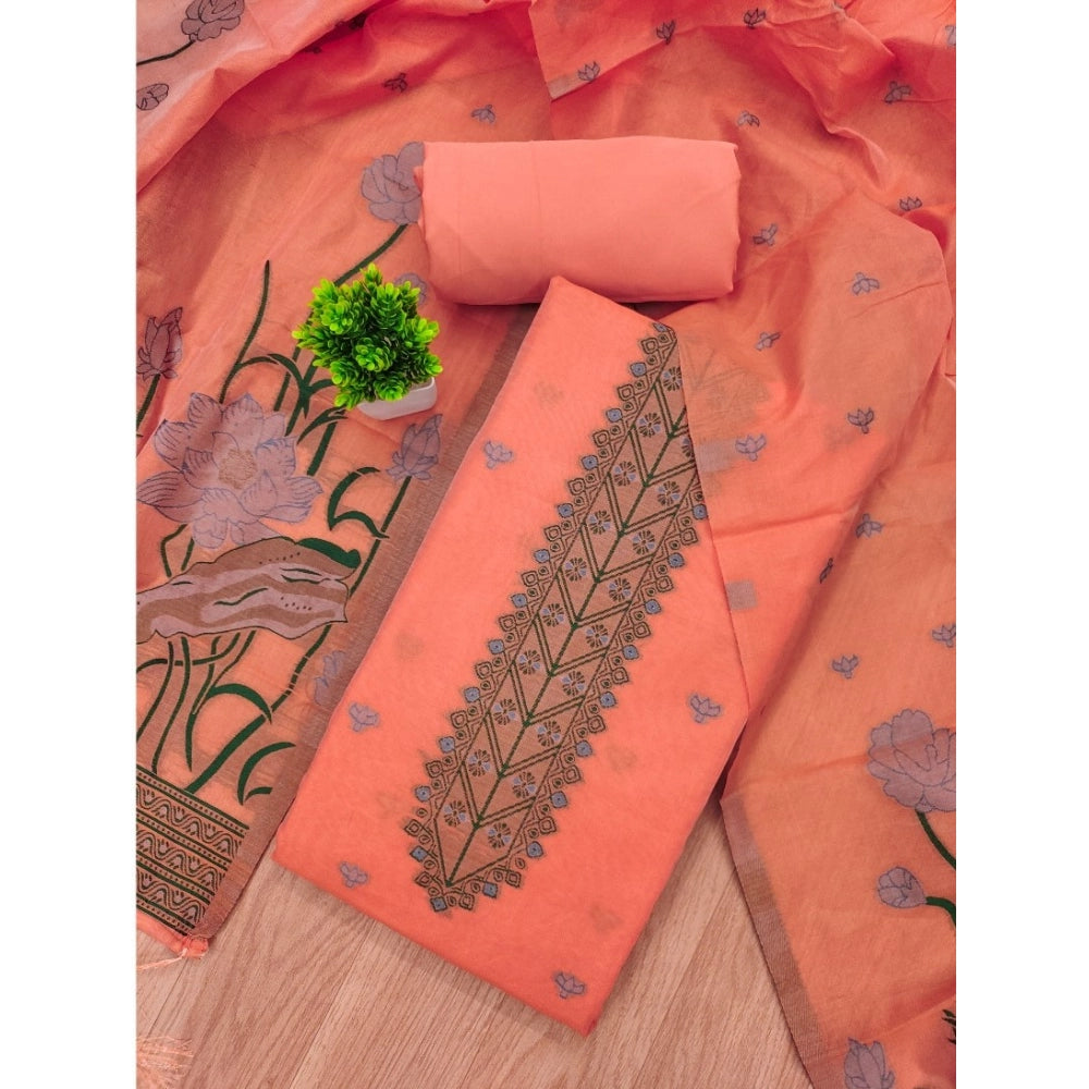 Generic Women's Banarasi Silk Printed Unstitched Salwar Suit Material with Dupatta – Peach, 3 Meters
