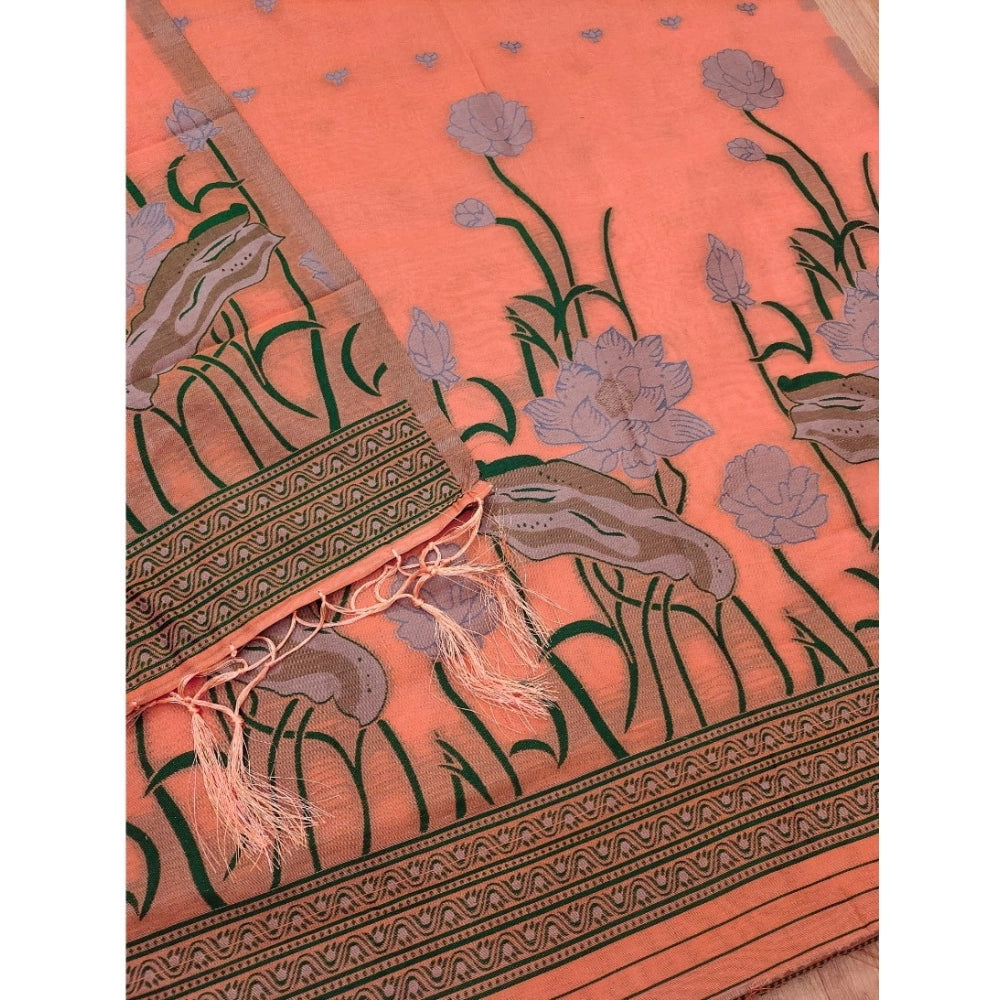 Generic Women's Banarasi Silk Printed Unstitched Salwar Suit Material with Dupatta – Peach, 3 Meters