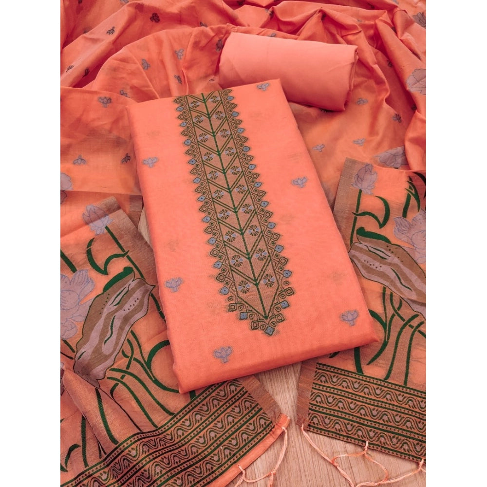 Generic Women's Banarasi Silk Printed Unstitched Salwar Suit Material with Dupatta – Peach, 3 Meters