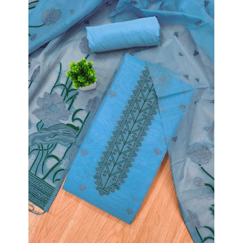 Women's Sky Blue Banarasi Silk Unstitched Suit Material with Printed Dupatta