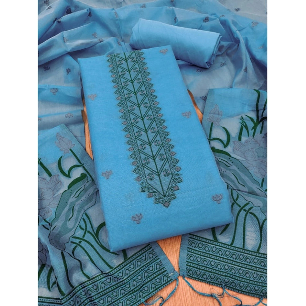 Women's Sky Blue Banarasi Silk Unstitched Suit Material with Printed Dupatta