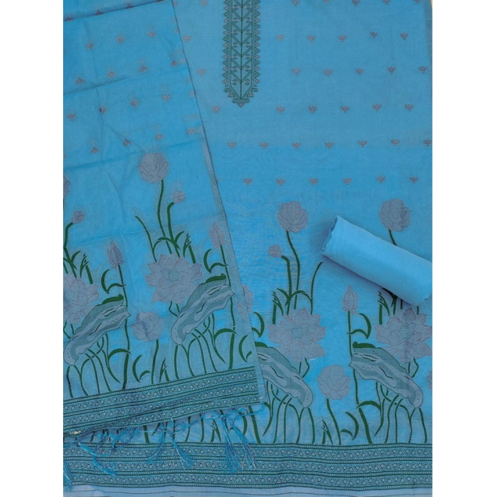 Women's Sky Blue Banarasi Silk Unstitched Suit Material with Printed Dupatta