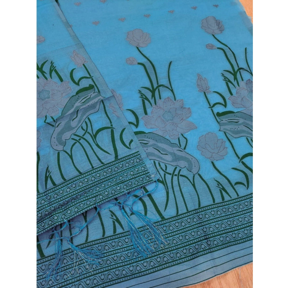 Women's Sky Blue Banarasi Silk Unstitched Suit Material with Printed Dupatta