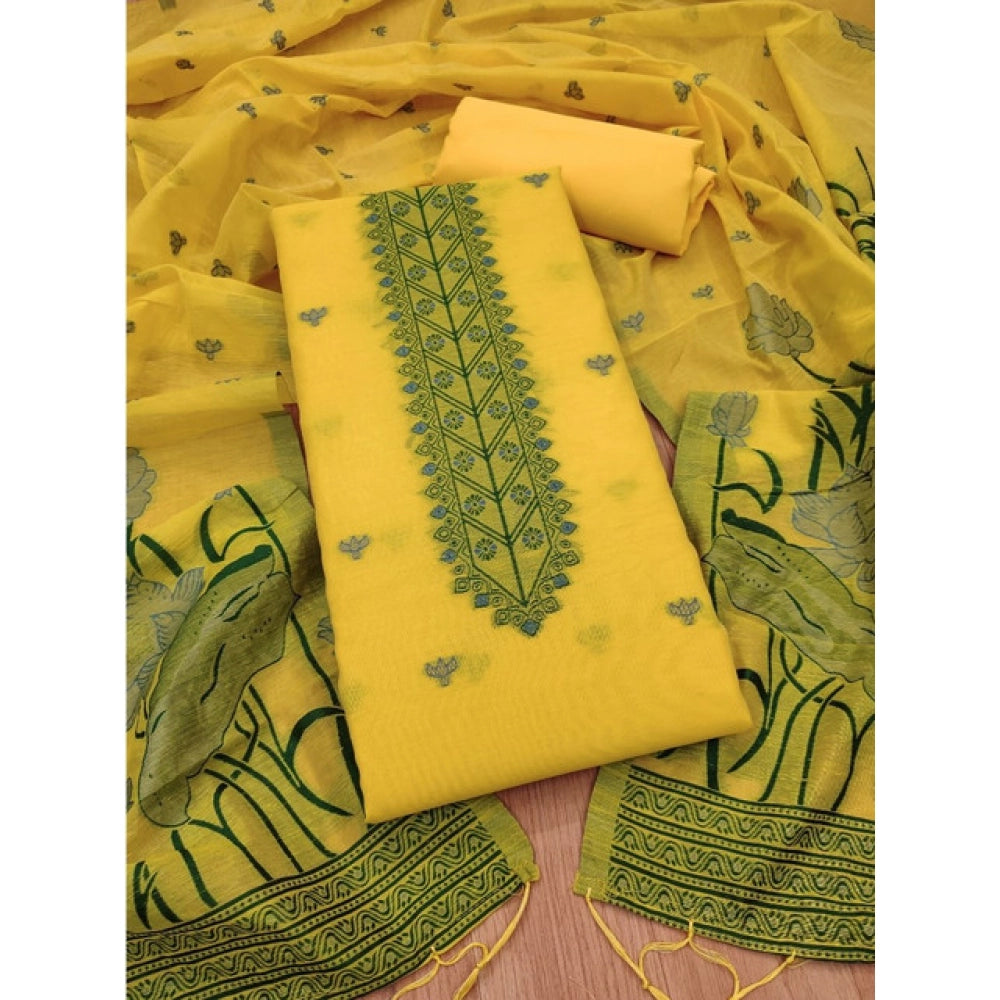 Women's Banarasi Silk Printed Unstitched Salwar Suit Material with Dupatta – Yellow, 3 Meters