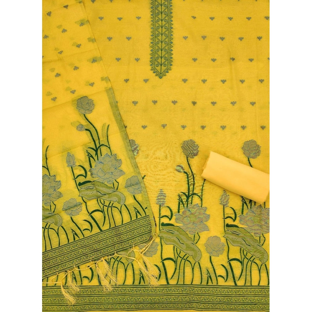 Women's Banarasi Silk Printed Unstitched Salwar Suit Material with Dupatta – Yellow, 3 Meters
