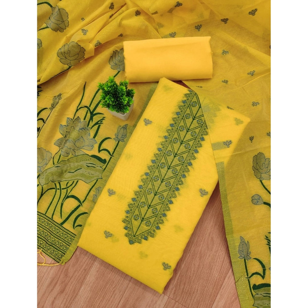 Women's Banarasi Silk Printed Unstitched Salwar Suit Material with Dupatta – Yellow, 3 Meters