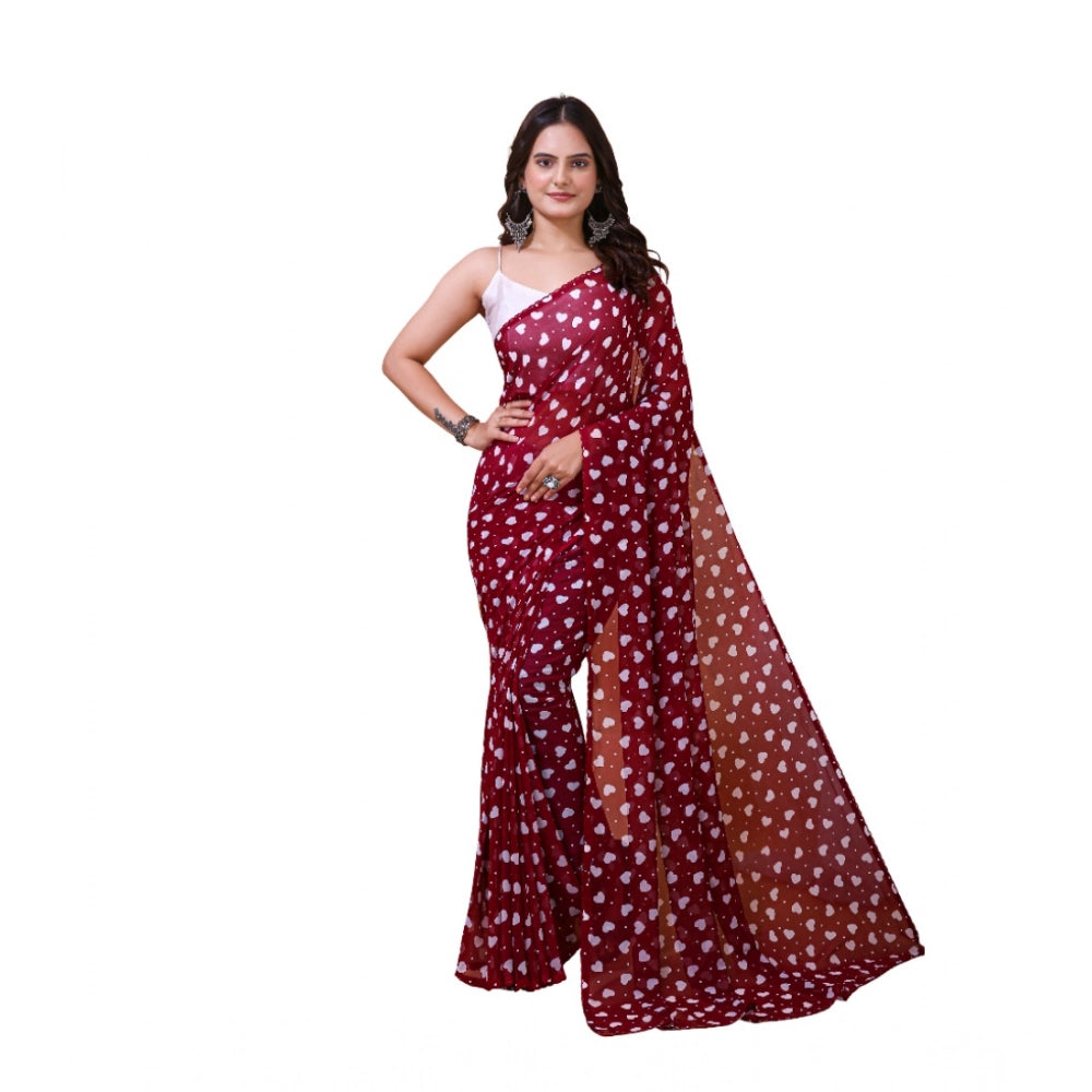 Women's Maroon Georgette Printed Saree With Unstitched Blouse 5.5Mtr