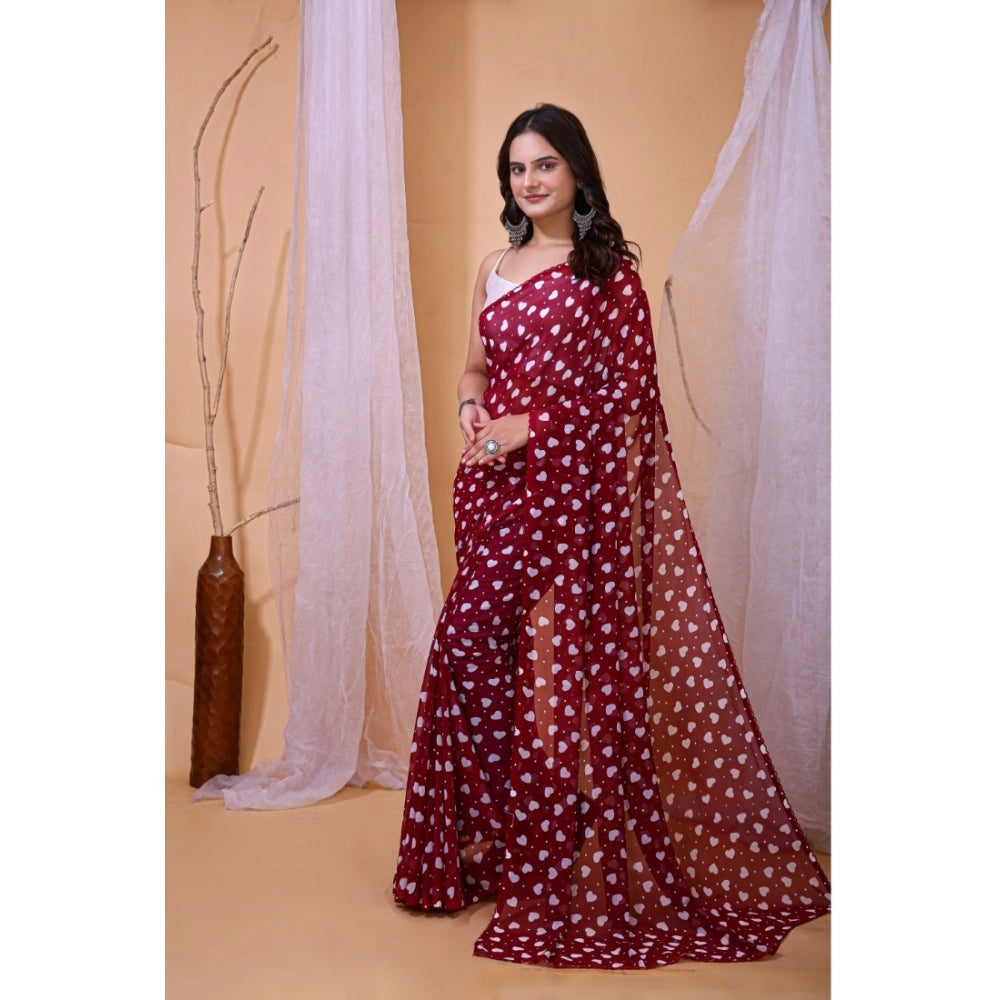Women's Maroon Georgette Printed Saree With Unstitched Blouse 5.5Mtr