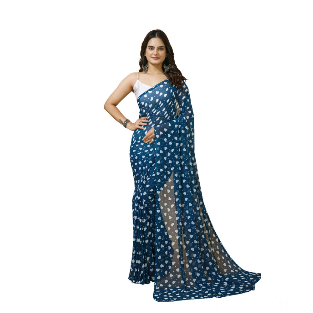 Women's Blue Georgette Printed Saree With Unstitched Blouse 5.5Mtr