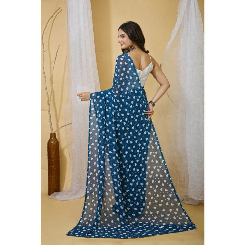 Women's Blue Georgette Printed Saree With Unstitched Blouse 5.5Mtr