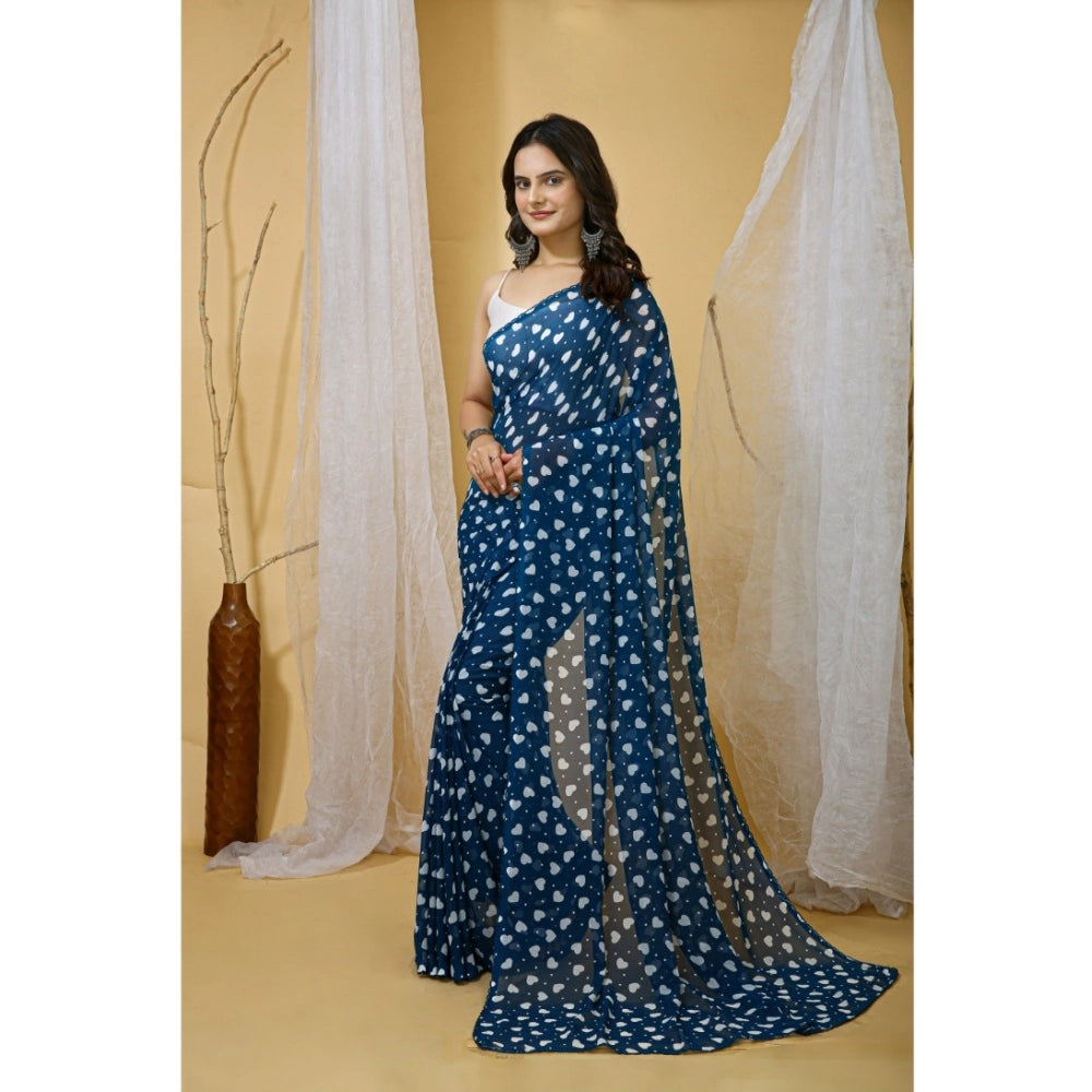 Women's Blue Georgette Printed Saree With Unstitched Blouse 5.5Mtr