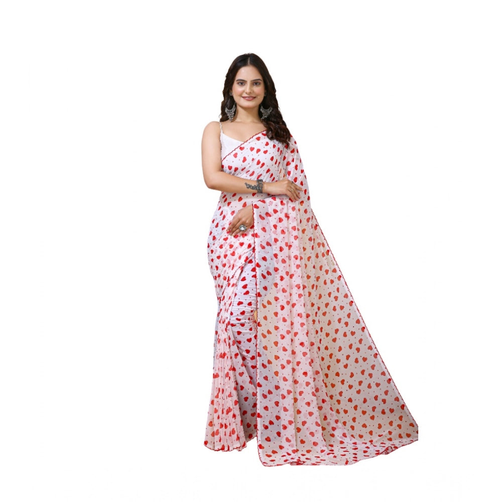 Women's White-Red Georgette Printed Saree With Unstitched Blouse 5.5Mtr