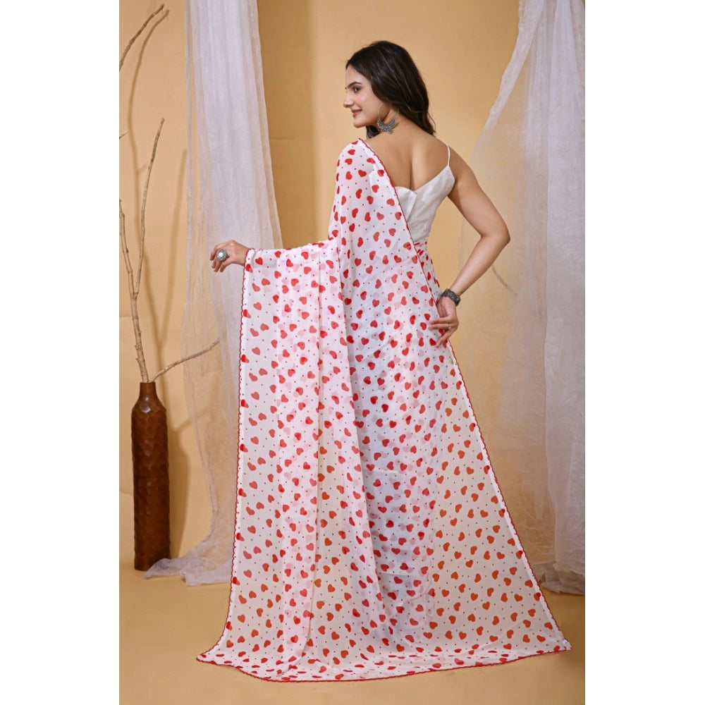 Women's White-Red Georgette Printed Saree With Unstitched Blouse 5.5Mtr