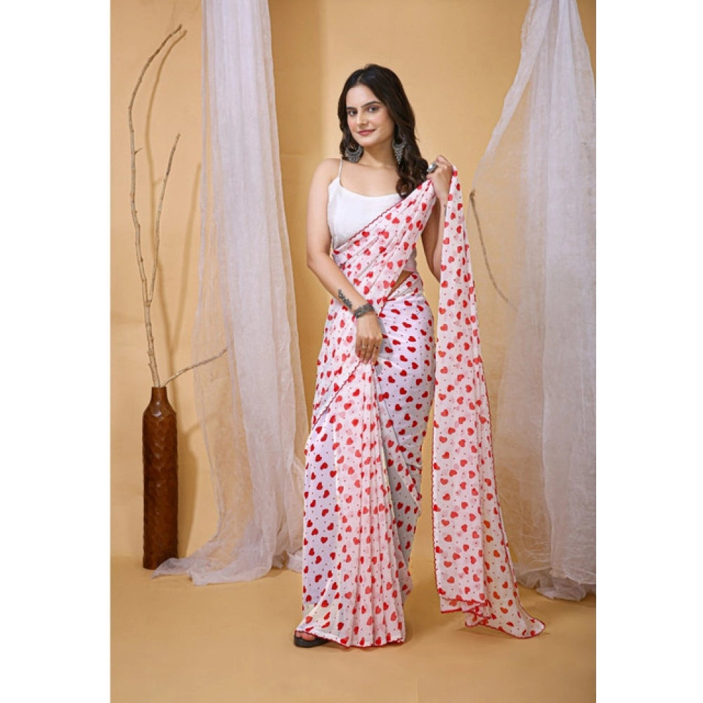 Women's White-Red Georgette Printed Saree With Unstitched Blouse 5.5Mtr
