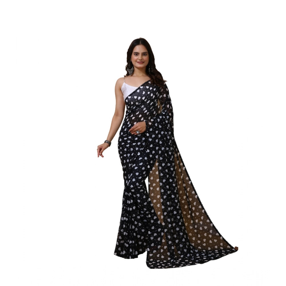 Women's Black Georgette Printed Saree With Unstitched Blouse 5.5Mtr