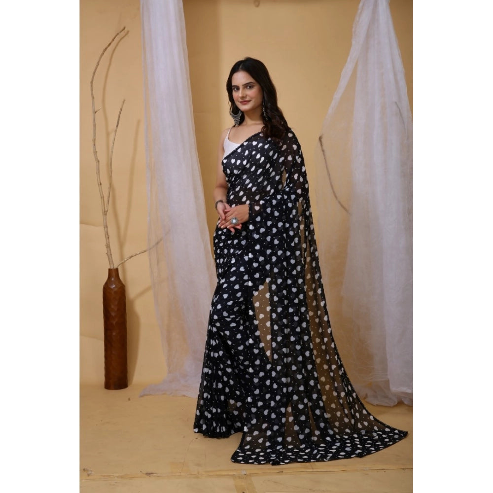 Women's Black Georgette Printed Saree With Unstitched Blouse 5.5Mtr