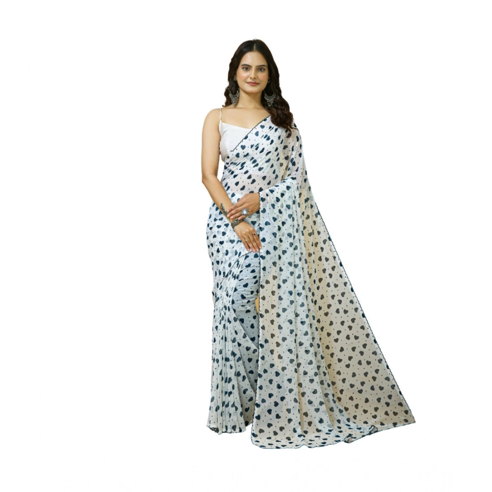 Generic Women's Georgette Printed Saree With Unstitched Blouse 5.5Mtr (White)
