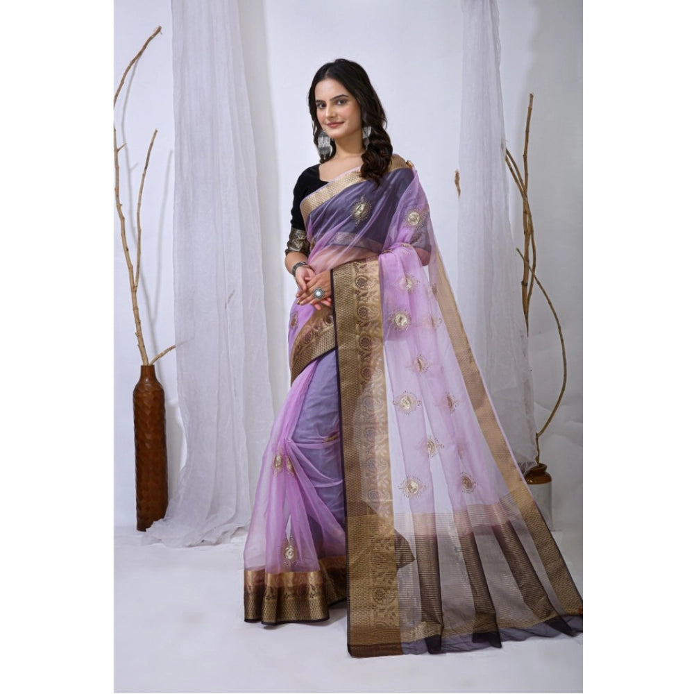 Generic Women's Organza jacquard Embellished Saree With Unstitched Blouse 5.5Mtr (Purple)