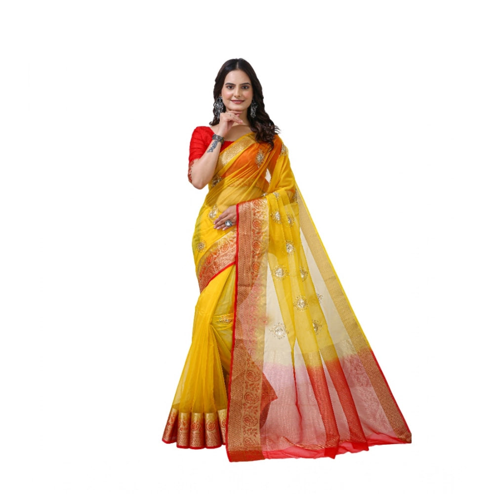 Generic Women's Organza jacquard Embellished Saree With Unstitched Blouse 5.5Mtr (Yellow)