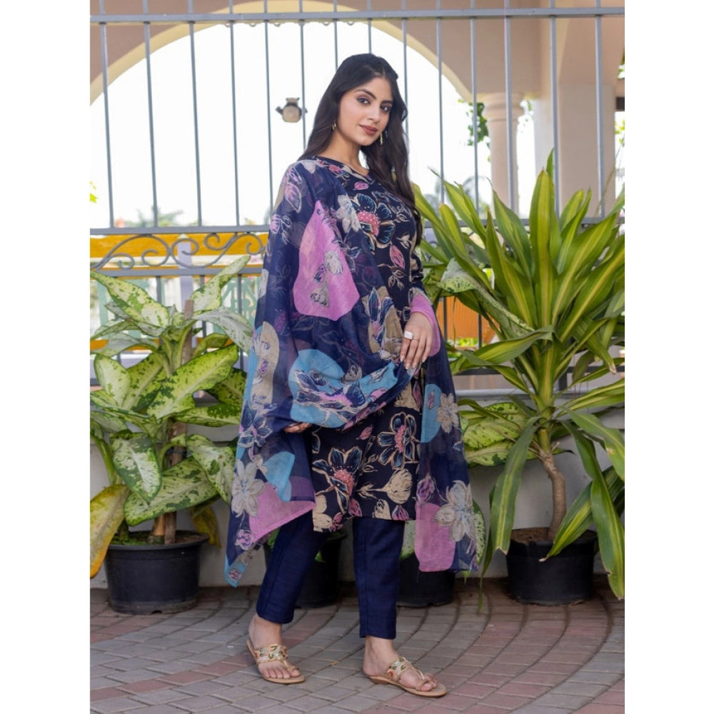 Generic Women's Cotton Blend Printed Kurti With Pant Dupatta Set (Navy Blue)