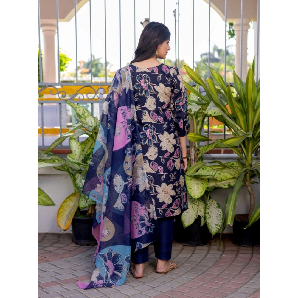 Generic Women's Cotton Blend Printed Kurti With Pant Dupatta Set (Navy Blue)