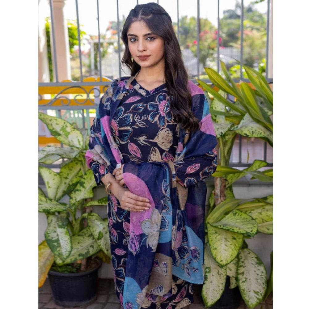 Generic Women's Cotton Blend Printed Kurti With Pant Dupatta Set (Navy Blue)