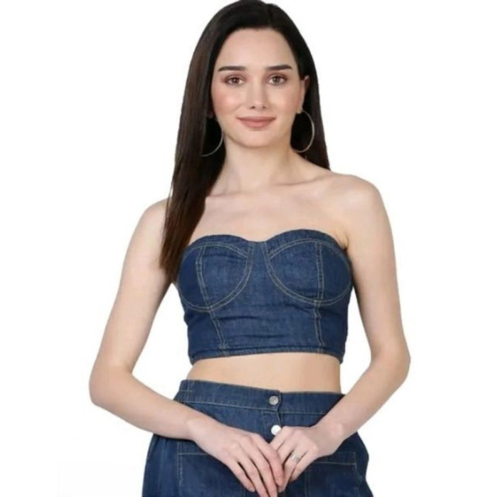 Women’s Blue Casual Denim Sleeveless Off-Shoulder Bluster Top