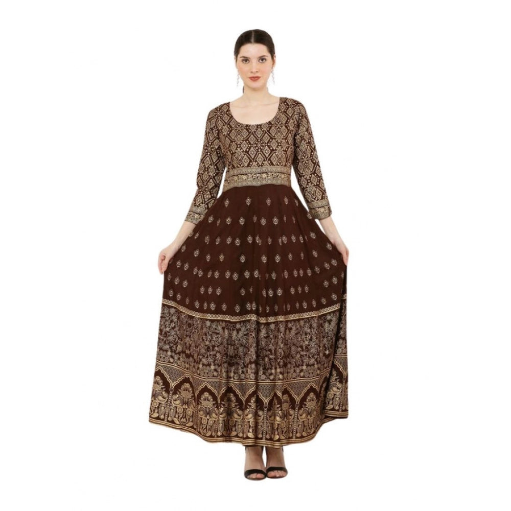 Generic Women's Casual Rayon 3-4th Sleeves Anarkali Kurti (Brown)