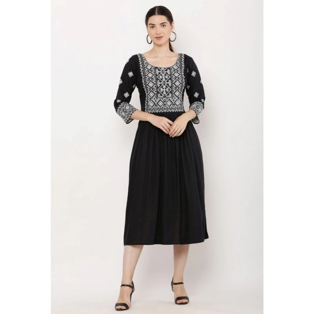 Generic Women's Casual Rayon 3-4th Sleeves Kurti (Black)