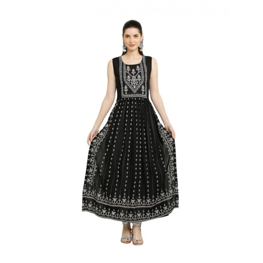 Generic Women's Casual Rayon Sleeveless Printed Kurti (Black)