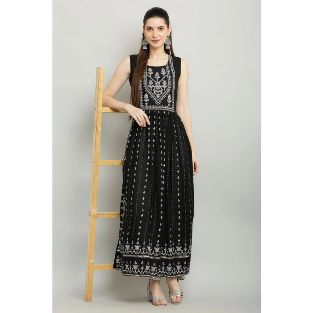 Generic Women's Casual Rayon Sleeveless Printed Kurti (Black)