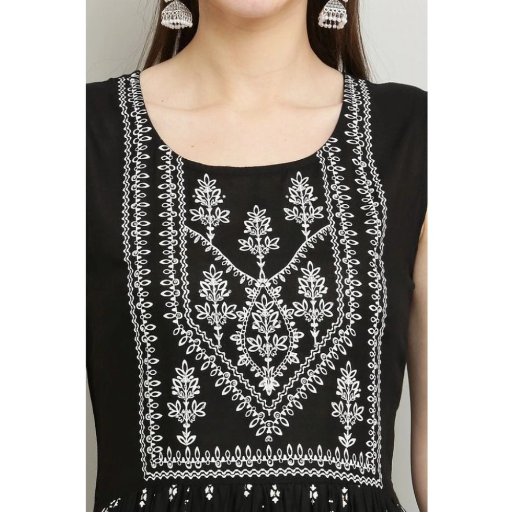 Generic Women's Casual Rayon Sleeveless Printed Kurti (Black)