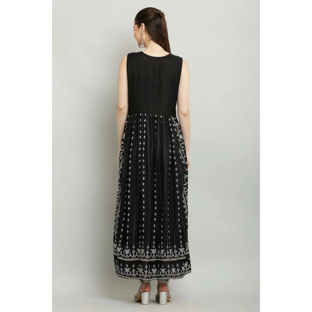 Generic Women's Casual Rayon Sleeveless Printed Kurti (Black)