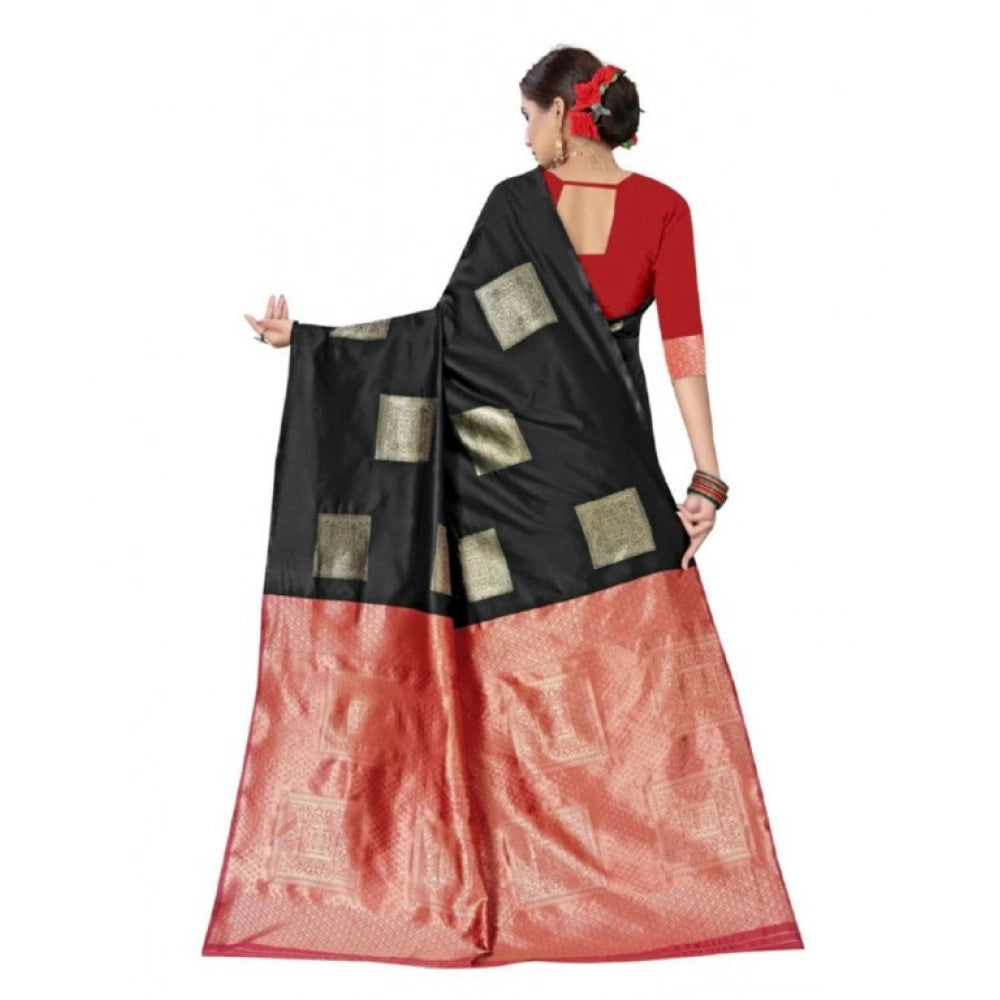 Generic Women's Soft Lichi Silk Printed Saree With Unstitched Blouse 5.5Mtr (Black)